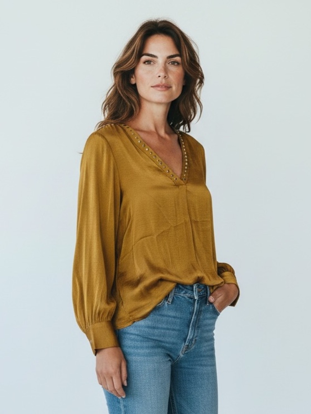 Carmen Marc Valvo Mustard Yellow V-Neck Studded Trim Silky Blouse